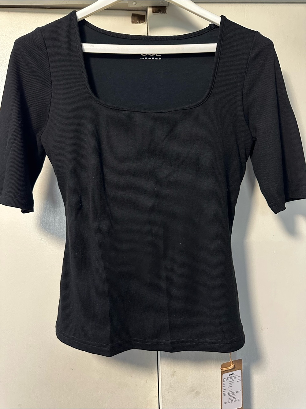 OGL Black Square Neck Ribbed Short Sleeve Top - Medium